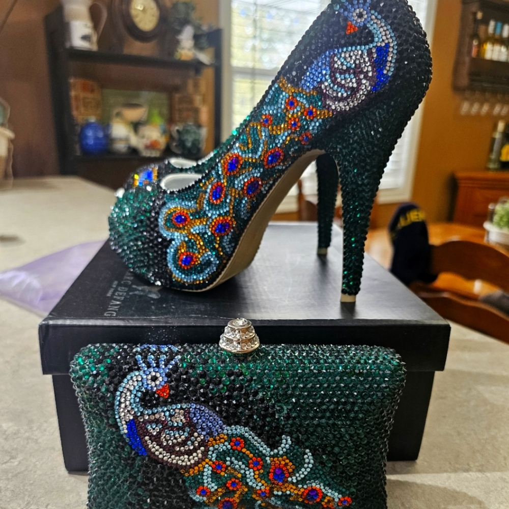 Elegant Green Beaded Women's Heels and Clutch Set By Designer MARC DEFANG NY